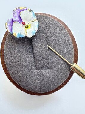 Purple Blue & White Enamel Flower Stick Pin VTG Gold Tone Size 2" Length